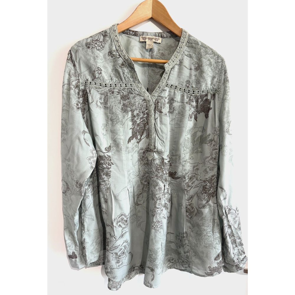 Vintage America Boho Peasant Tunic Top sage Floral Crochet Trim Cottagecore L - Picture 2 of 10